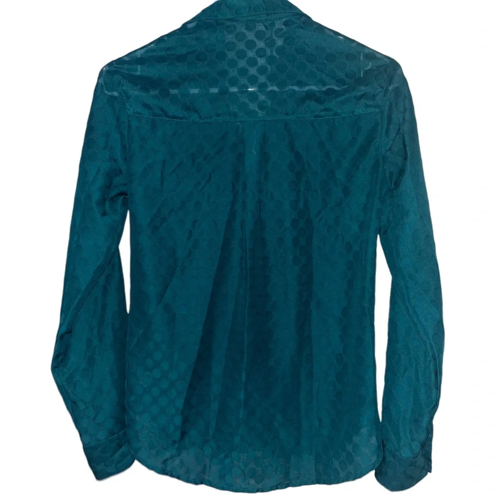 Express Portofino Button Down Polka Dot Green Sheer Collared V Neck Blouse Shirt - Picture 3 of 6